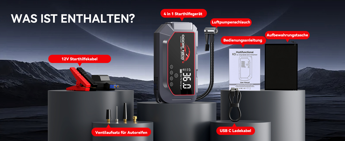 Портативний пусковий пристрій OGORI K33 з компресором 150 PSI та LED ліхтариком для автомобілів 12V (бензин 8L/дизель 10L)