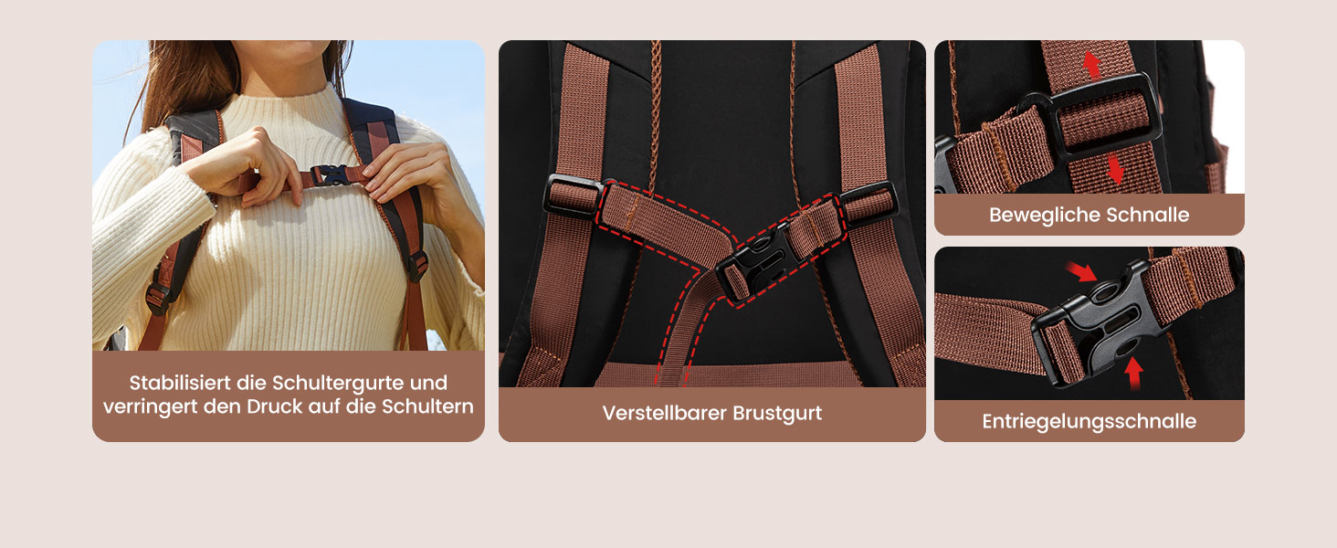 Рюкзак LOVEVOOK для ручної поклажі літака, жіночий, 50L, для подорожей, бізнесу, школи, чорний+бежевий+коричневий