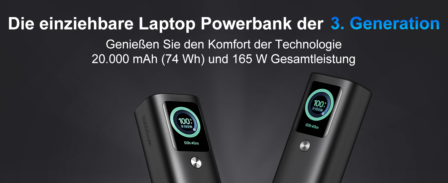 Power Bank AsperX 20000mAh 165W з USB-C кабелем, сумісний з MacBook, Dell, HP, Lenovo, iPad, iPhone, Galaxy
