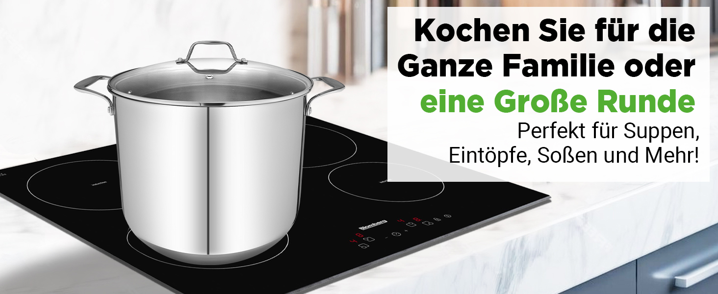 Каструля NutriChef 40 см, 14 л, з кришкою, нержавіюча сталь, для індукції, газу, електро, посудомийної машини, супова, для великих об'ємів