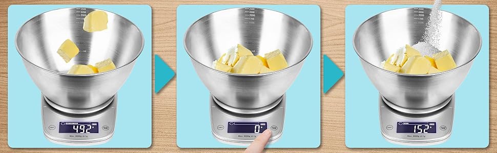 Кухонні ваги Duronic KS5000 SR/SS: цифрова вага з мискою 2.5 л, точність 1 г, функція тарування