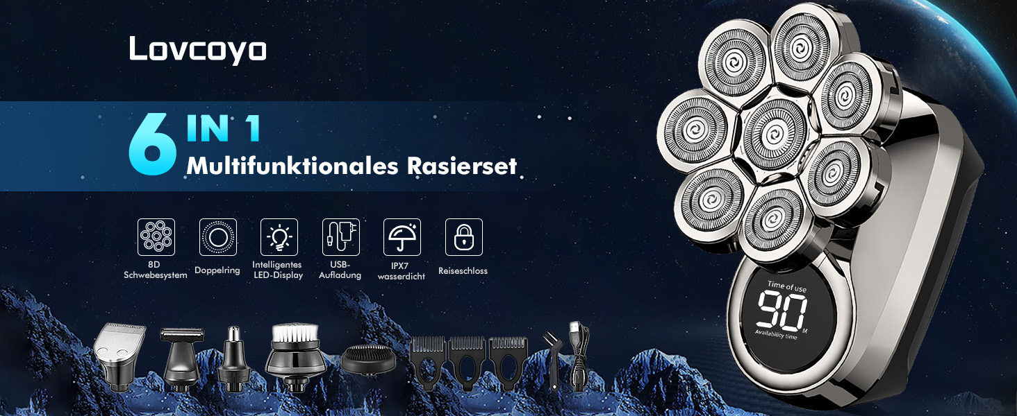 Електричний чоловічий бритва Glatzen 6-в-1 для гоління 0.0 мм, вологостійкий, бездротовий, перезаряджається