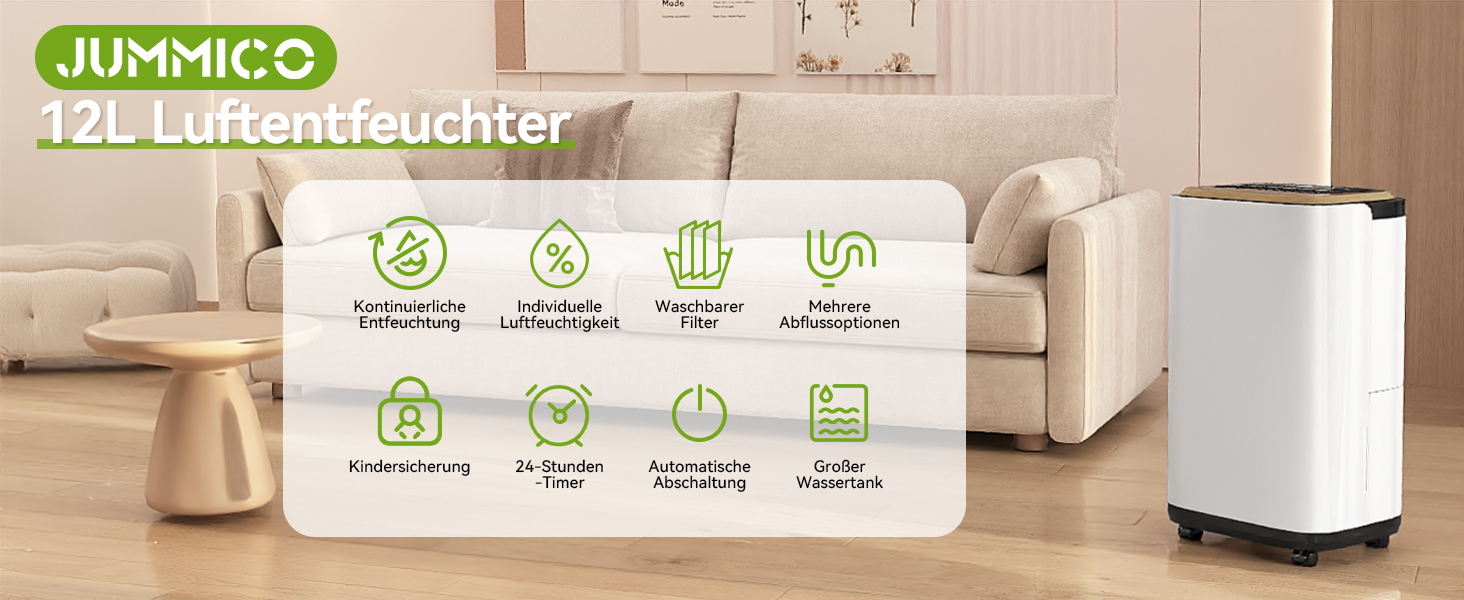 Електричний осушувач повітря JUMMICO 12л/день з датчиком вологості, 2.2л бак, LED-дисплей, шланг 1.5м, фільтр для дому, ванної кімнати