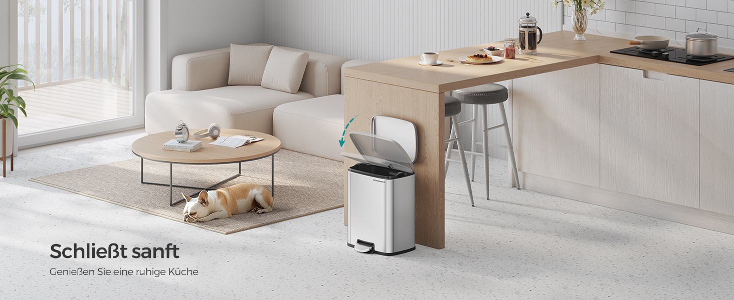 Сміттєве відро SONGMICS 20 л з педаллю, м'яким закриттям, з внутрішнім відром, 15 мішків, металеве сріблясте