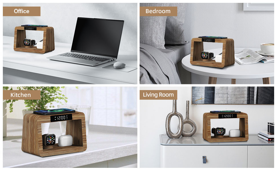 Багатофункціональна бамбукова зарядна станція 5-в-1 з бездротовим зарядним пристроєм, світлодіодним нічником та годинником, сумісна з Apple Watch, AirPods, Samsung Galaxy та іншими пристроями