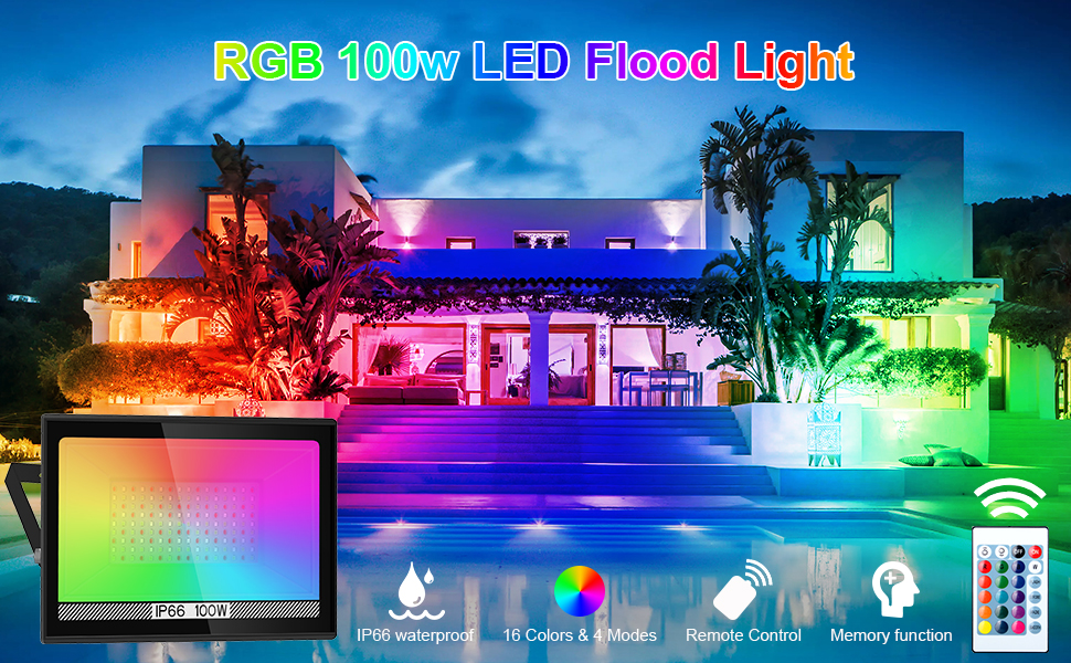 Світлодіодний прожектор для вулиці 100Вт RGB з пультом і Bluetooth, LED ландшафтний світильник з керуванням через додаток, водонепроникний IP66, для саду та двору, набір 2 шт.