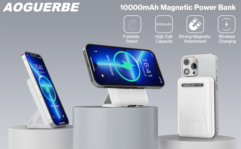 Power Bank AOGUERBE 10000mAh з LED дисплеєм та MagSafe, 22.5W, білий