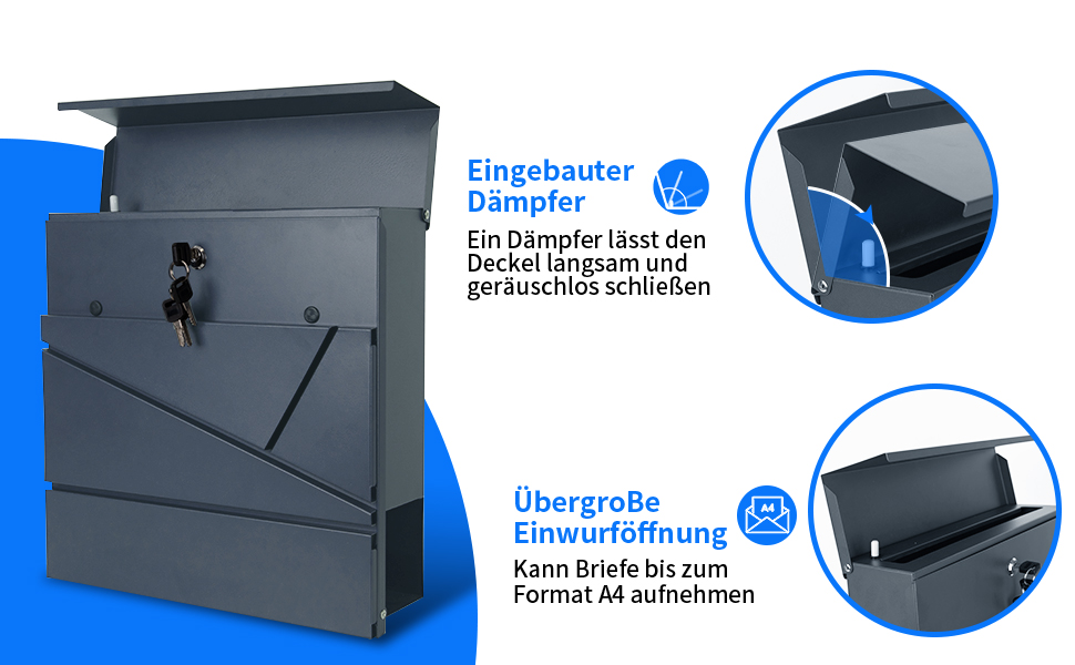 Поштовий ящик Bobodeco Dreispitz антрацит RAL 7016 з оглядовим вікном та газетницею, замок