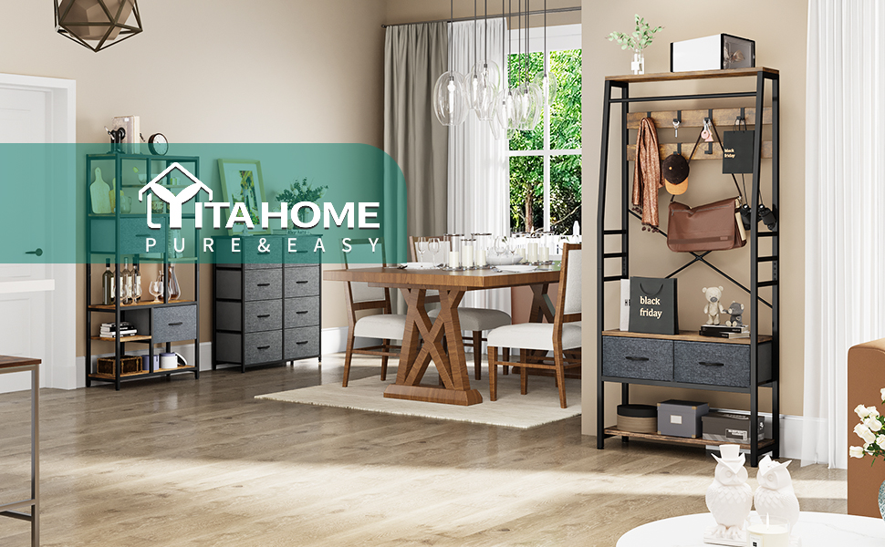 Вішалка для передпокою з лавкою та взуттєвою тумбою YITAHOME, 8 гачків, металева, рустикальний коричневий колір, для коридору, вітальні, спальні