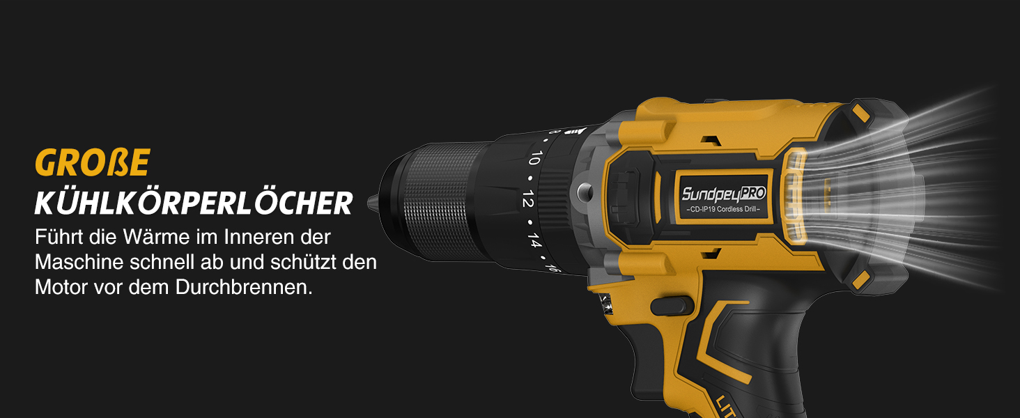 Акумуляторний дриль-шурупокрут SundpeyPRO 21V з ударною функцією, 120 Nm, 2 x 4000mAh, 20+3 ступені крутного моменту, 13 мм патрон, 2 швидкості, LED