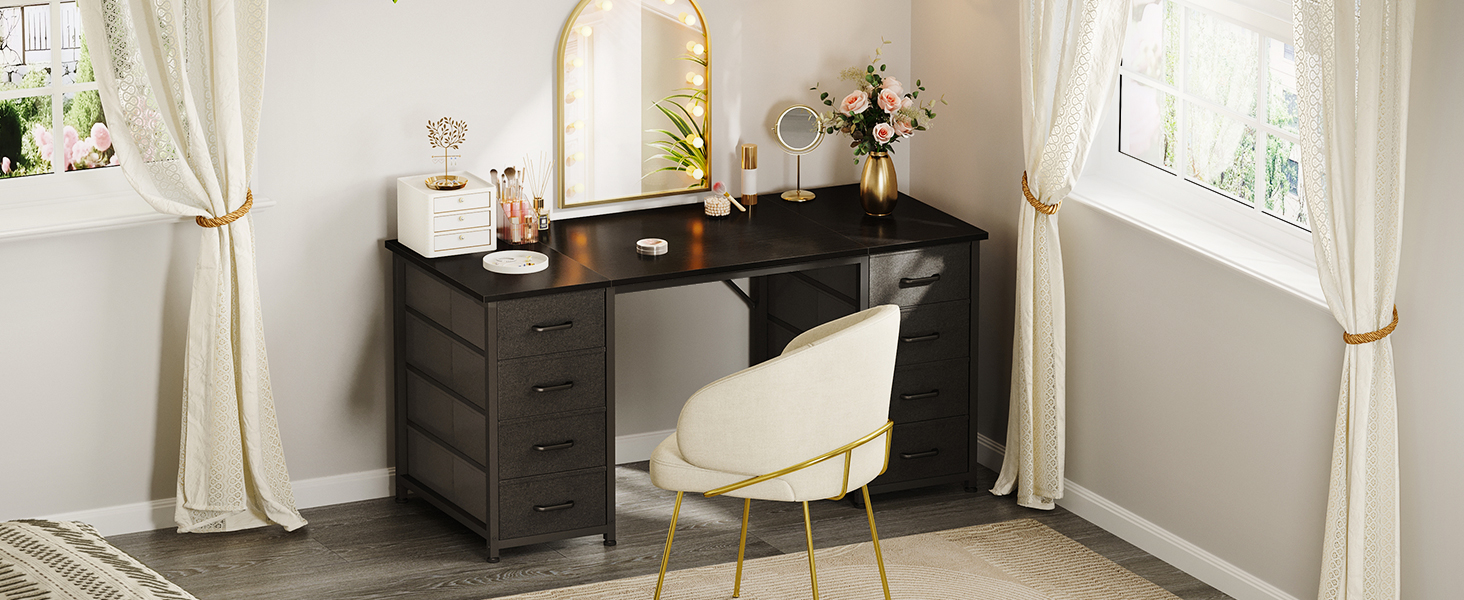 Комп'ютерний стіл Coleshome з 8 тканинними ящиками, 140x48 см, чорний | Стіл для офісу, дому, навчання