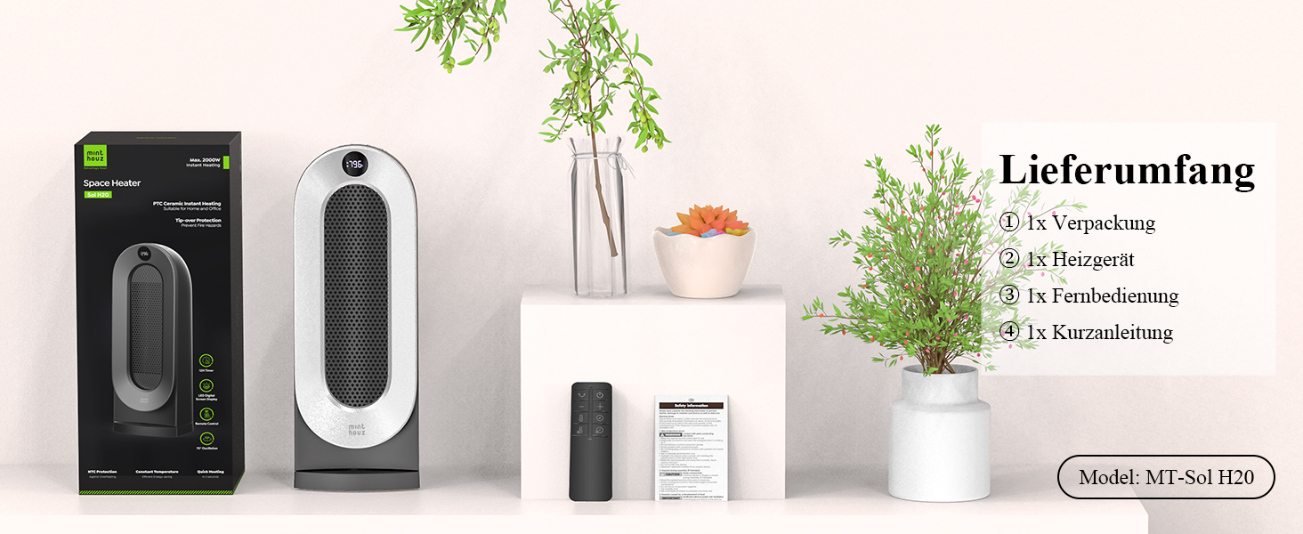 Керамічний обігрівач Minthouz 2000W з дистанційним керуванням, ECO-режимом, осциляцією 70°, таймером на 12г та захистом від перегріву, електричний обігрівач для приміщень