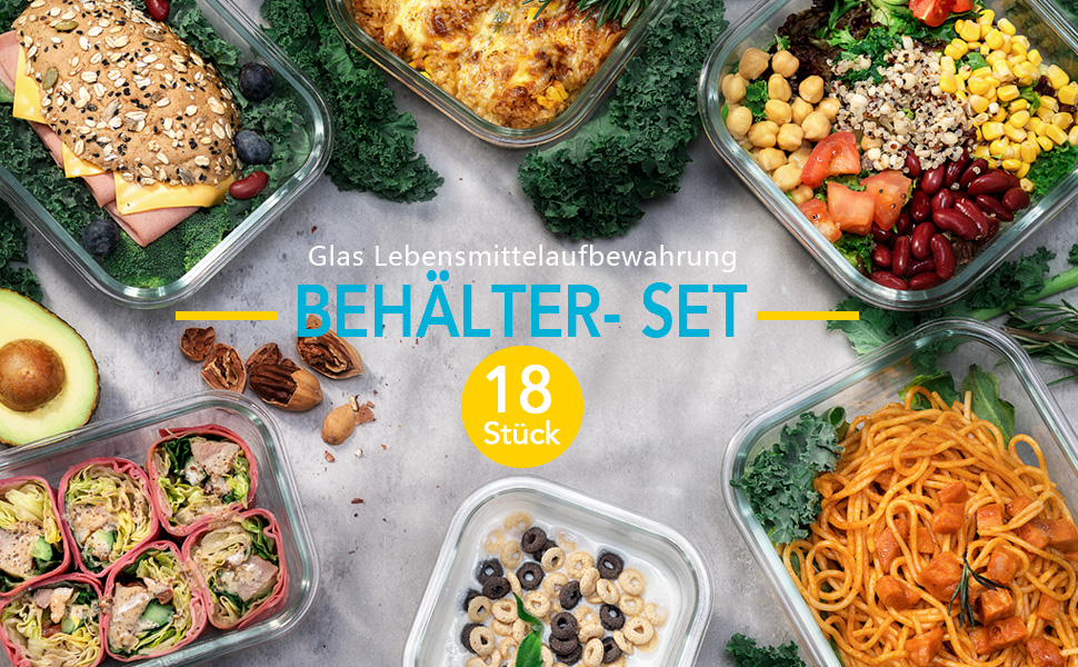 Набір контейнерів для зберігання продуктів Glas, 18 частин (9 контейнерів, 9 кришок), BPA-free, підходить для миття в посудомийній машині, мікрохвильовій печі та морозильній камері, виготовлені з скла, витікання неможливе, колір: бірюзовий