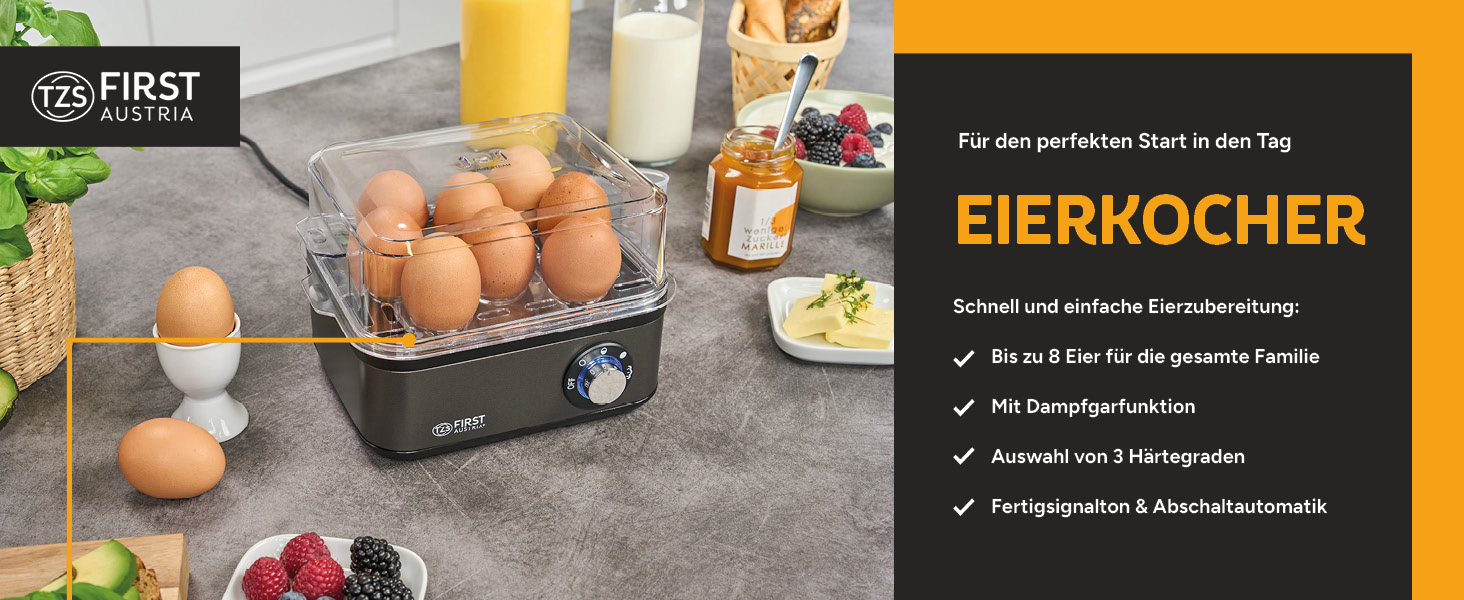 Яйцеварка First Austria TZS Grey - 8 яєць, 4 режими, функція приготування на пару, автовимкнення, захист від перегріву, мірна склянка та формочки для яєць