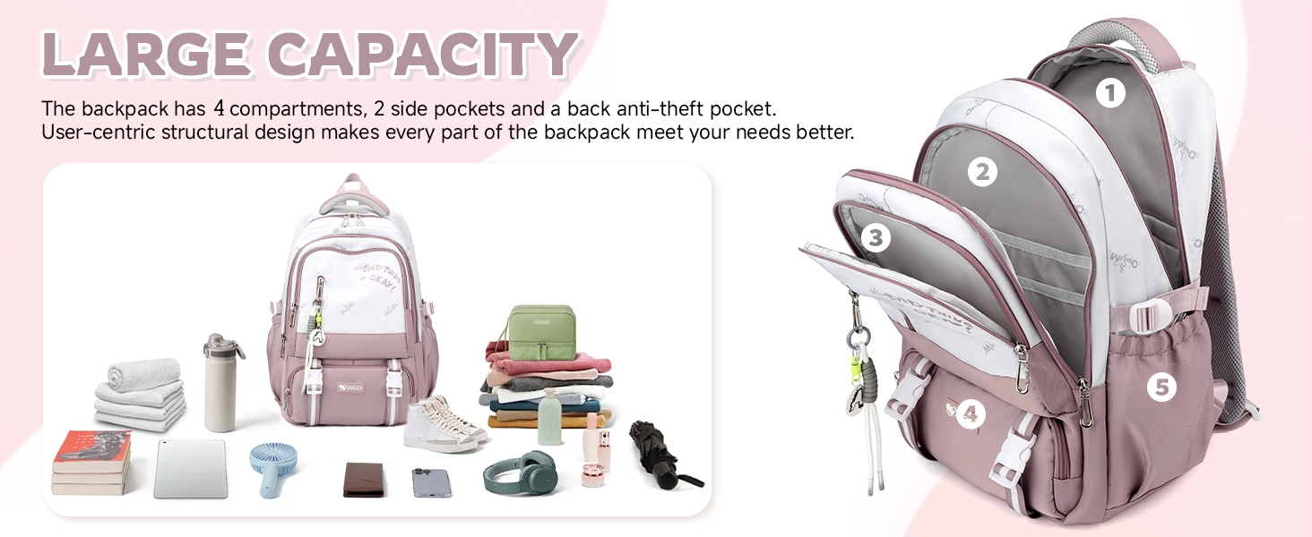 Шкільний рюкзак для підлітка, 36L, для дівчаток 3-9 клас, великий стильний рюкзак для ноутбука 16 дюймів, чорний, підходить для візка