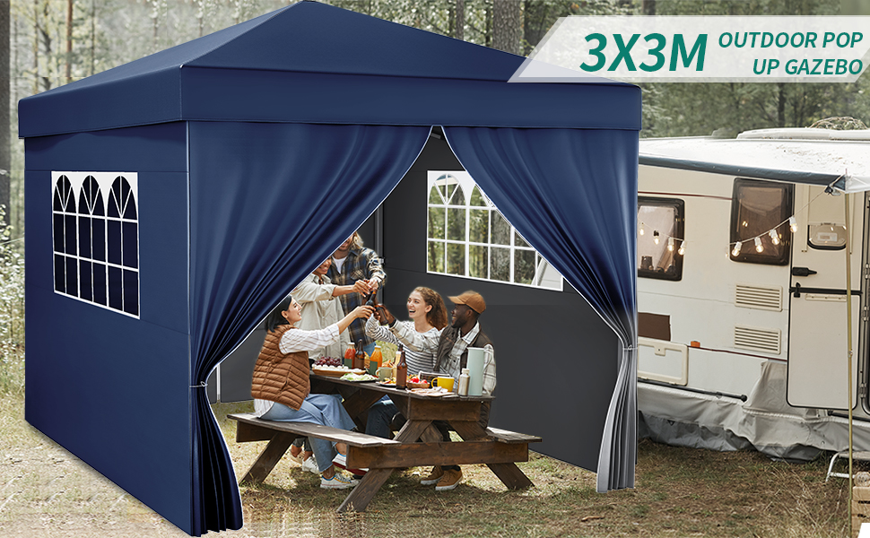 YITAHOME Вуличний розкладний павільйон 3x3 м, водонепроникний намет для саду та кемпінгу, з регульованою висотою, захистом від ультрафіолету, для вечірок і ярмарків, синій