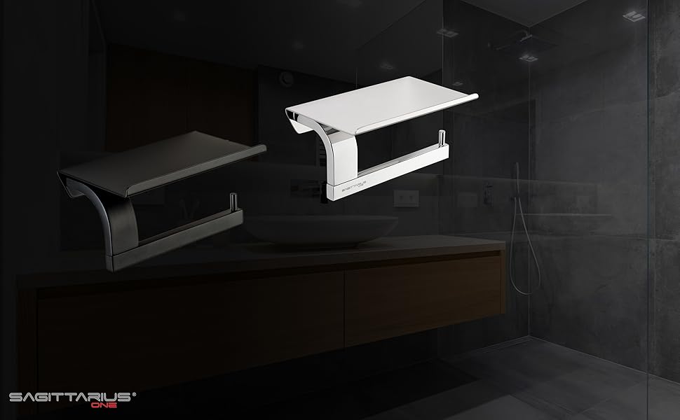 Sagittarius One 160S1 Stainless Steel Toilet Paper Holder with Shelf - Matte Black | Phone Shelf | WC Paper Holder | Toilet Paper Dispenser