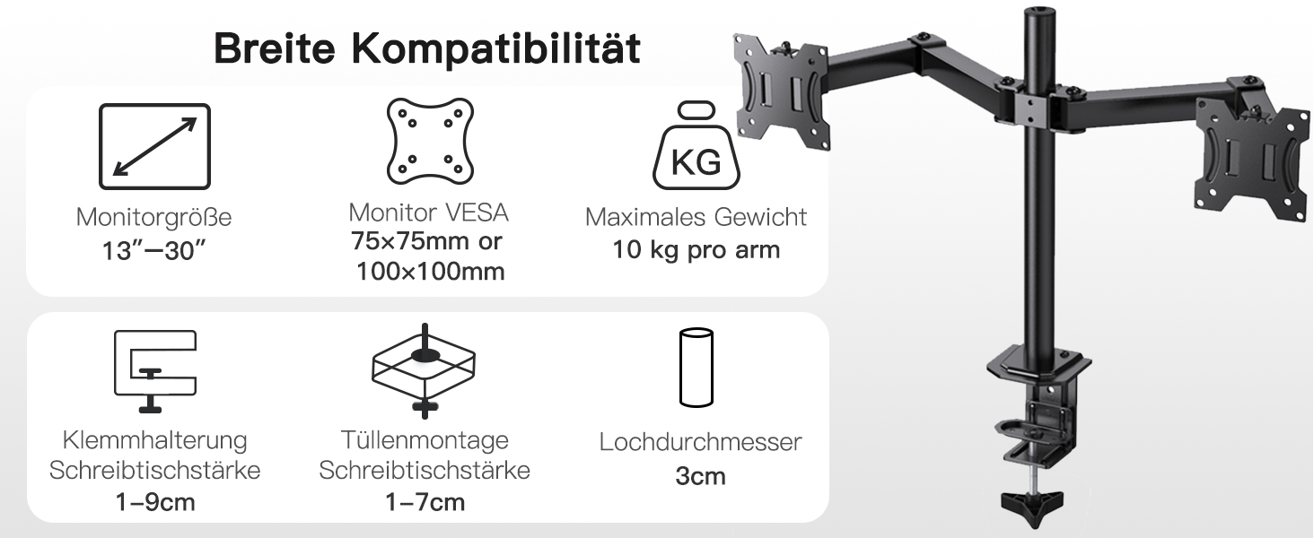 Кріплення для монітора HUANUO для 2 моніторів, 13-30 дюймів, геймерське, регулювання висоти, нахил, поворот, 10 кг/arm, VESA 75/100