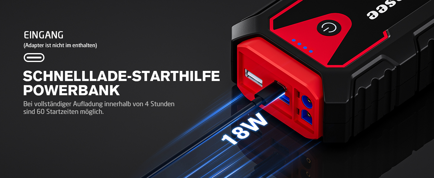 Портативний пусковий пристрій Povasee Starthilfe Powerbank: 5000A для 12V авто (до 10л бензину/8л дизеля), з LED, 2 USB, кабель для підключення