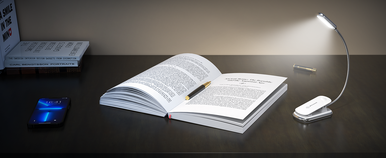 Glocusent Posh Premium Лампа для читання з кріпленням на книгу та таймером, 16 LED, акумулятор, час роботи 160 годин, 1800K, м'яке світло, 3 кольори та 5 рівнів яскравості, ідеально для читачів