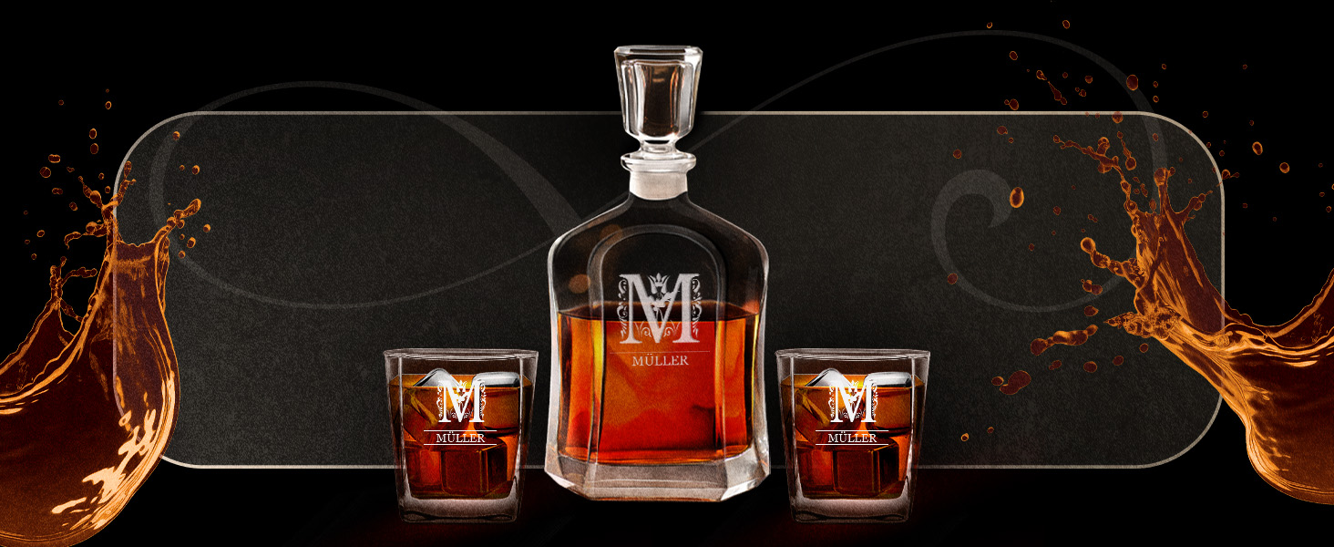 Maverton Whiskey Decanter + 2/4/6 Whiskey Glasses Set with Engraving - 700ml Whiskey Decanter - Christmas Gifts - Anniversary Gift for Couple - Monogram