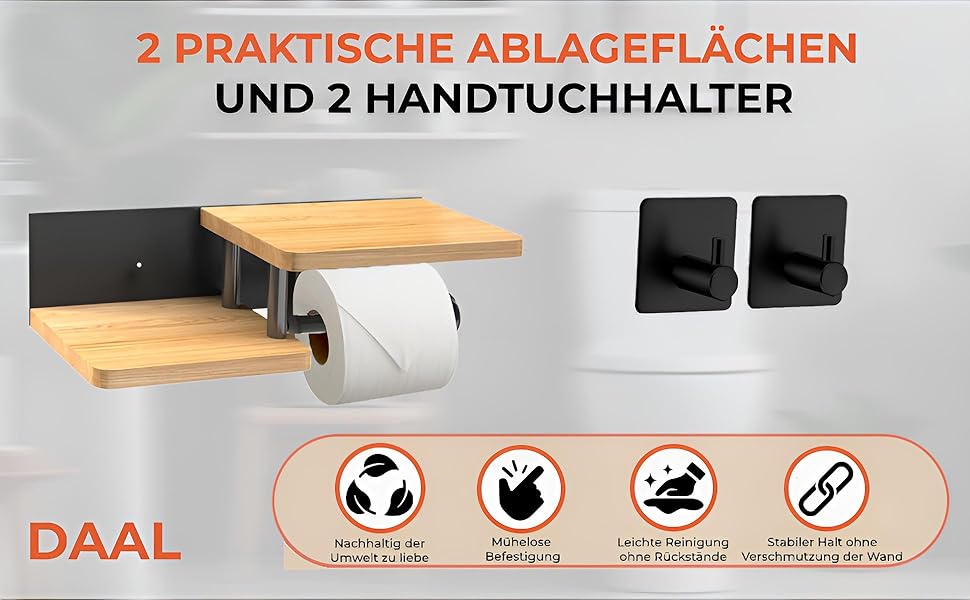 No-Drill Toilet Paper Holder with Towel Bars & Shelf - Stainless Steel & Bamboo Bathroom Organizer - Black Matte Finish