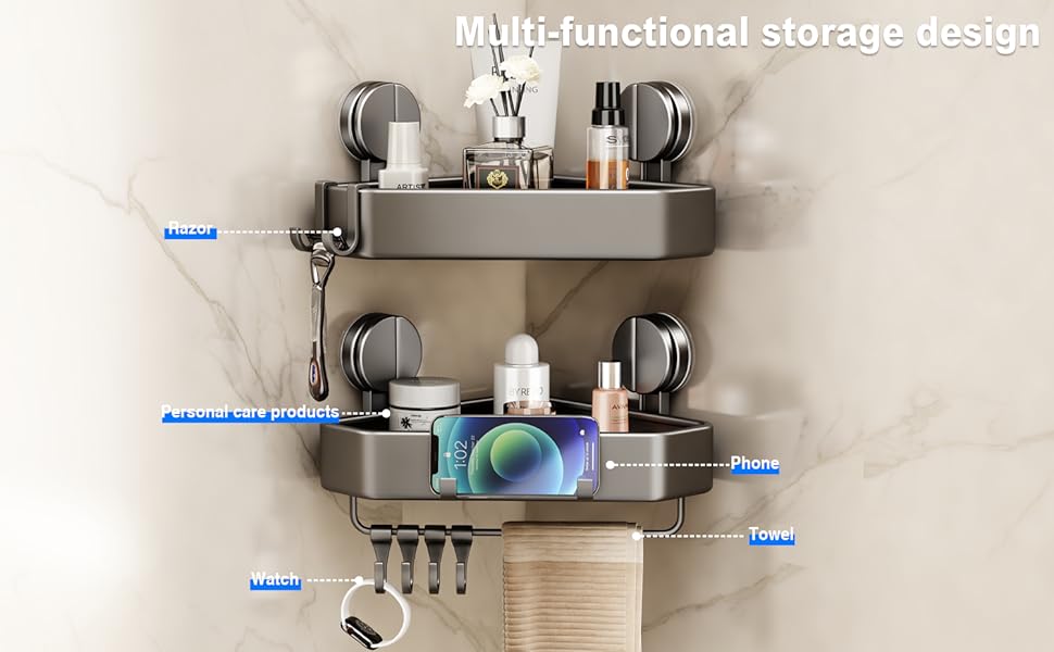Поличка для душу без свердління, кутова поличка для ванної кімнати з присосками, корзина для душу з тримачем для рушників та знімними гачками (2 шт., сіра)