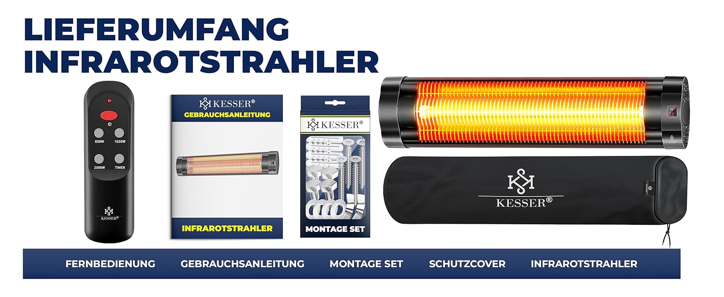 Інфрачервовий обігрівач KESSER® 2500W з пультом, 3 режими, швидкий нагрів, кріплення на стіну, для тераси, кварцовий, з захисним чохлом, таймер - антрацит (чорний)