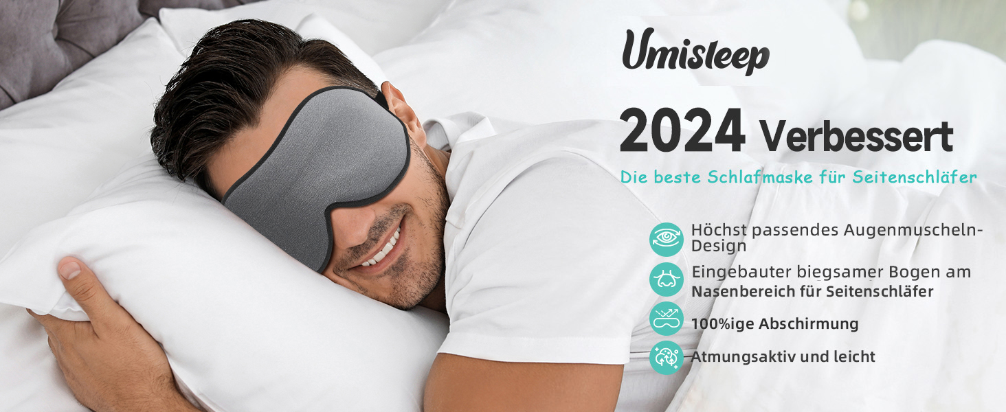 Маска для сну Umisleep для тих, хто спить на боці, 3D-орбіти, регульований ремінець, блокує світло, дихаюча, для чоловіків та жінок, для подорожей та йоги (сіра)