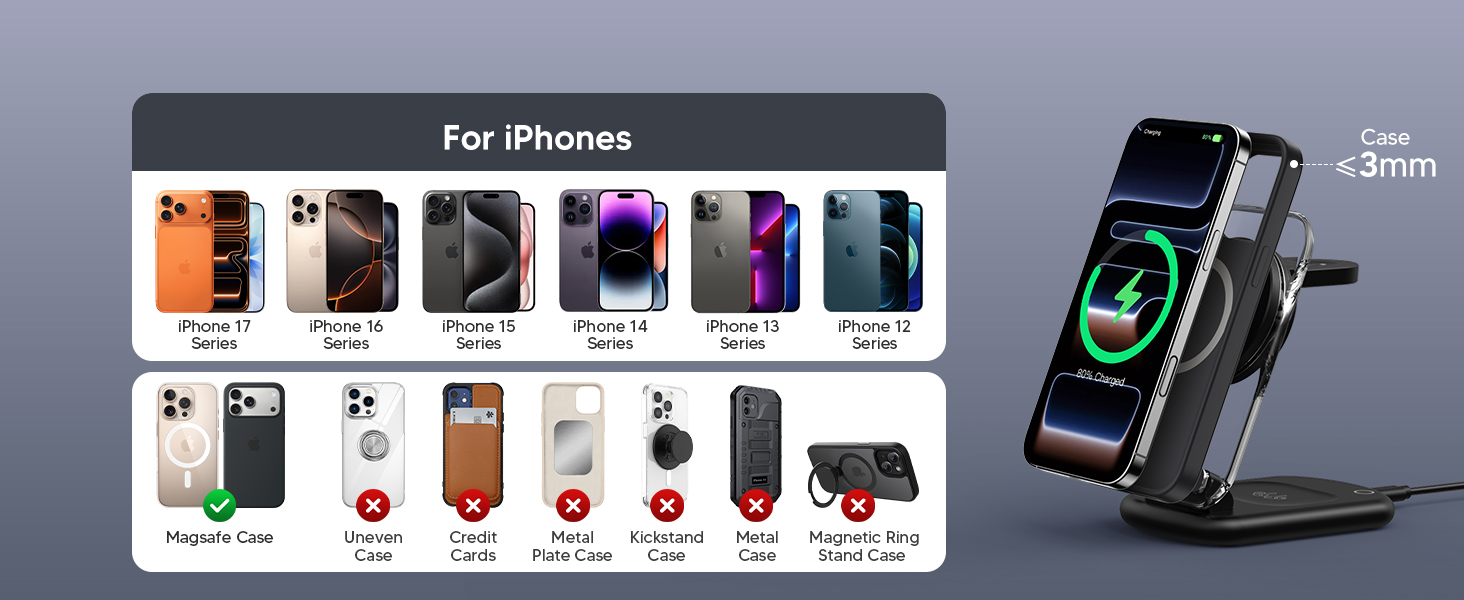 Зарядний пристрій MagSafe 3-в-1 для iPhone 17/16/15/14/13/12 Pro Max/Air/Plus/Pro та Apple Watch 10/9, AirPods 3/2/Pro, чорний