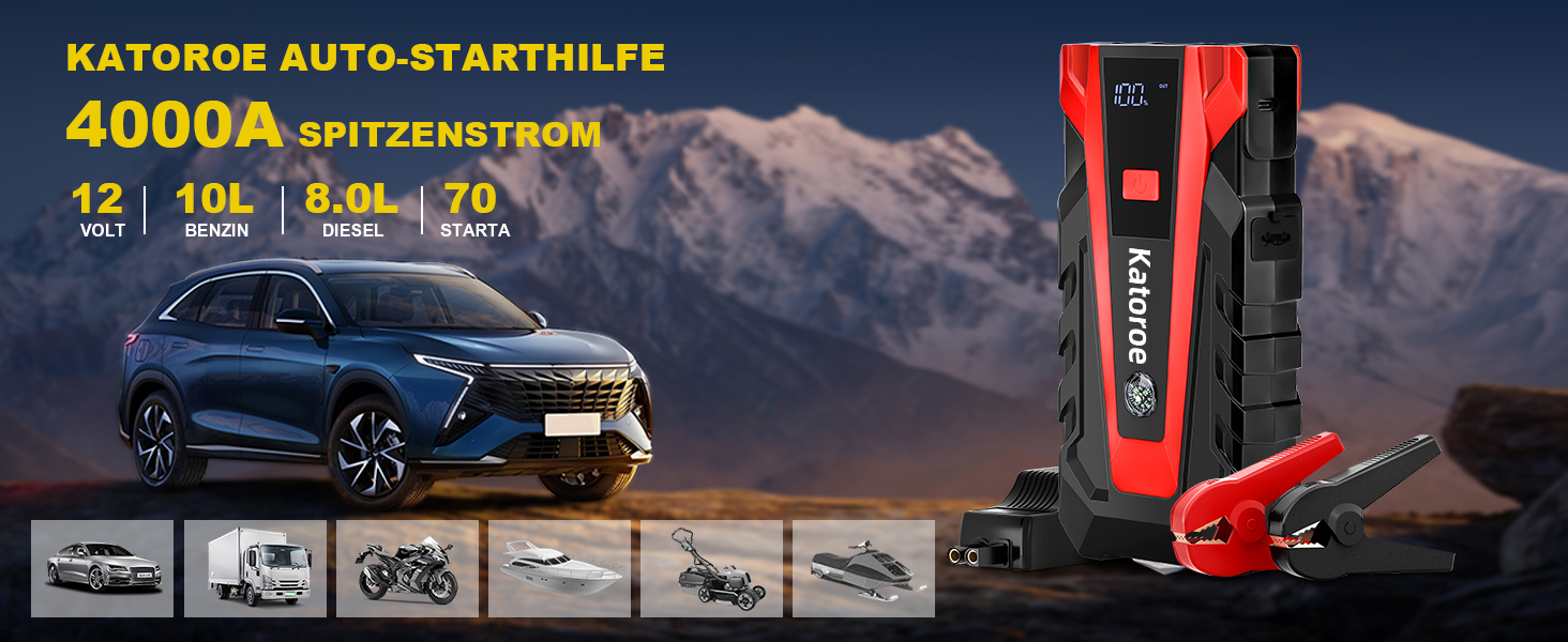 Powerbank Starthilfe 4000A: Зарядний пристрій для авто, SUV та мотоциклів з LED ліхтариком. Підходить для бензинових двигунів до 9.0L та дизельних до 7.0L