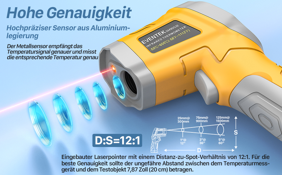 Інфрачервоний термометр Eventek -50°C ~ 600°C з лазером, регулюванням випромінювання та LCD-дисплеєм для гриля, піци, кухні та промисловості (жовтий)