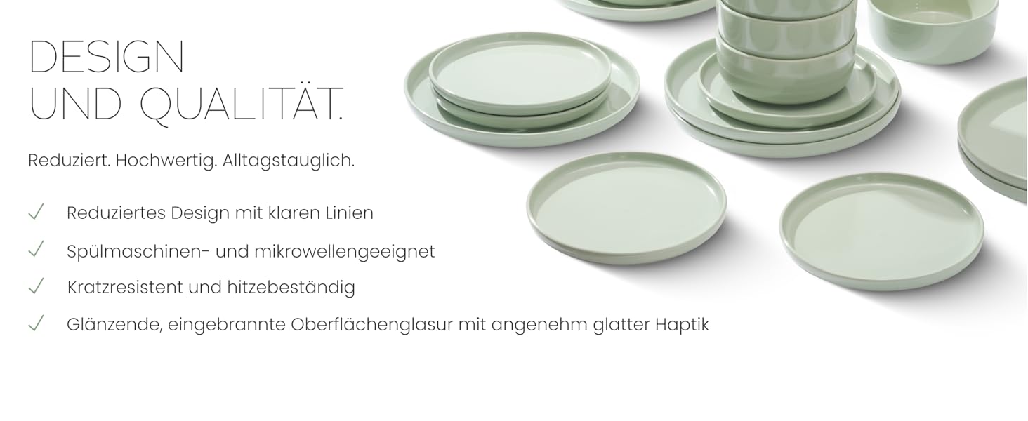 Набір посуду Feinsteinzeug на 6 осіб (18 предметів) — міцний, стійкий до подряпин, бежевий глянцевий | Столовий посуд, тарілки, миски — Magnetiks (Misty Mint, 18 предметів)