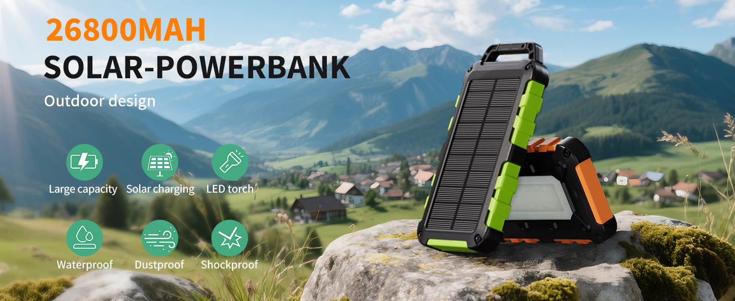 Powerbank сонячний TOENNESEN 26800mAh PD 15W: вологостійкий акумулятор з LED-ліхтариком та 3 виходами USB-C для смартфонів, планшетів, кемпінгу та подорожей (Чорний)