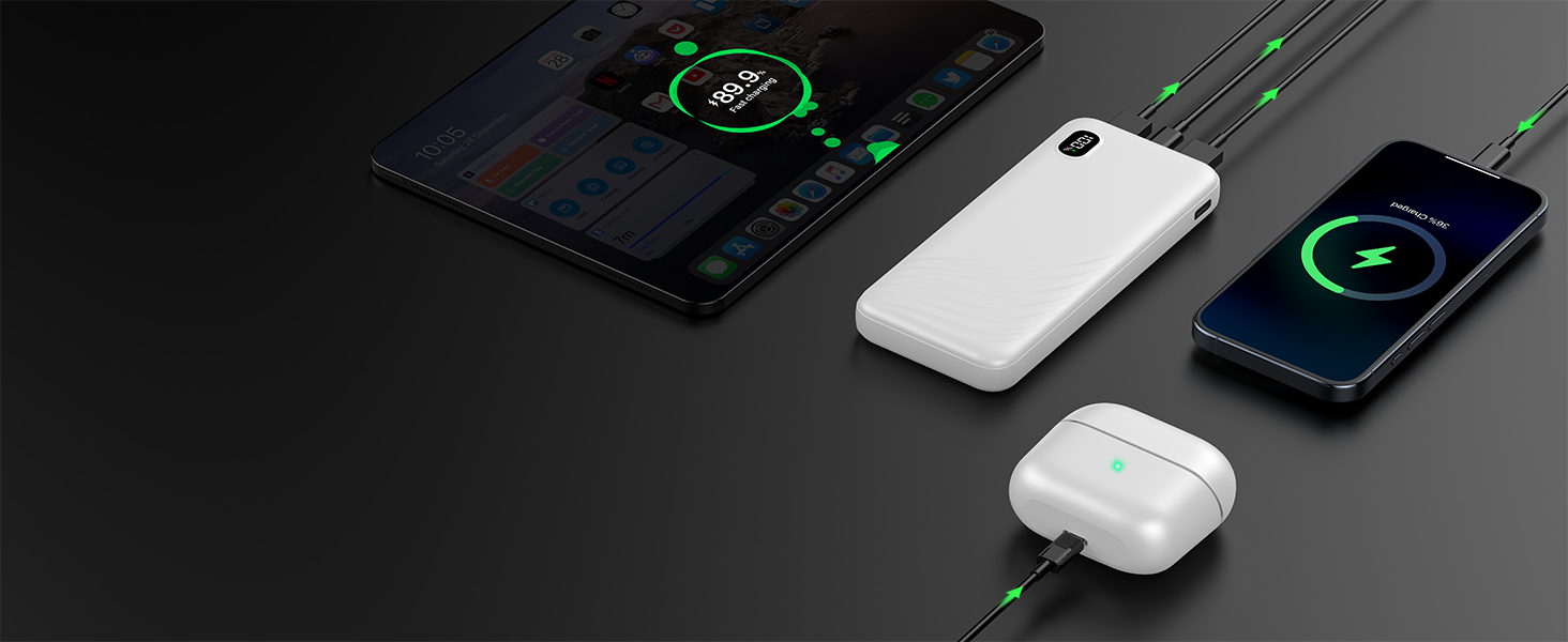 Power Bank Thunelec 10000mAh 22,5W з USB-C (PD, QC 3.0) - компактний зовнішній акумулятор для смартфону та планшета, LED дисплей, темно-синій