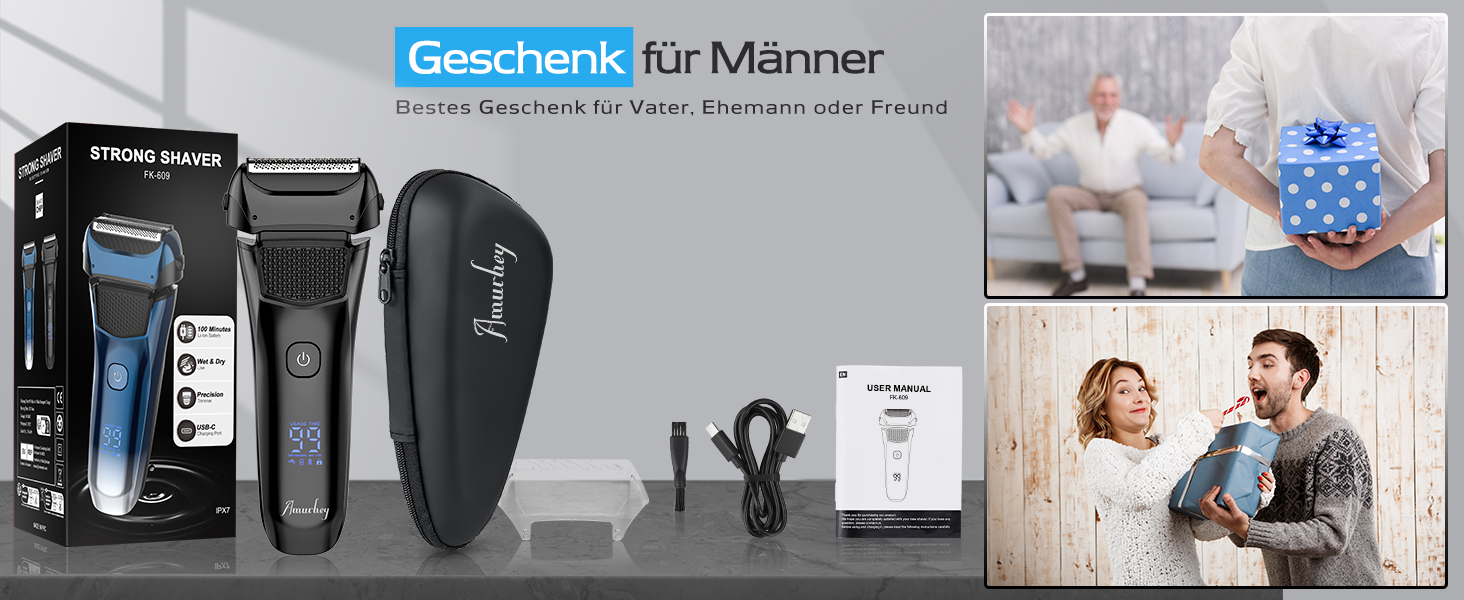 Електрична бритва чоловіча з 3 гнучкими лезами та чохлом для подорожей, тример для точного гоління, вологостійка/суха, 120 хв роботи, акумуляторна, подарунок для чоловіків, чорна