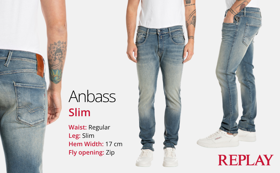 Джинси чоловічі Replay Anbass Slim-Fit з еластичним комфортом 33W/32L, середній синій колір 009