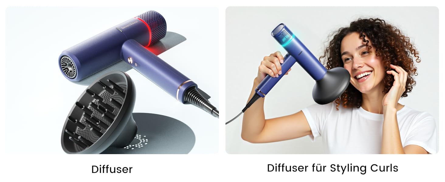 Іонізатор для волосся Föhn: Швидкий фен з дифузором для жінок та чоловіків, 3 режими, 2 швидкості, чорний (блакитний)