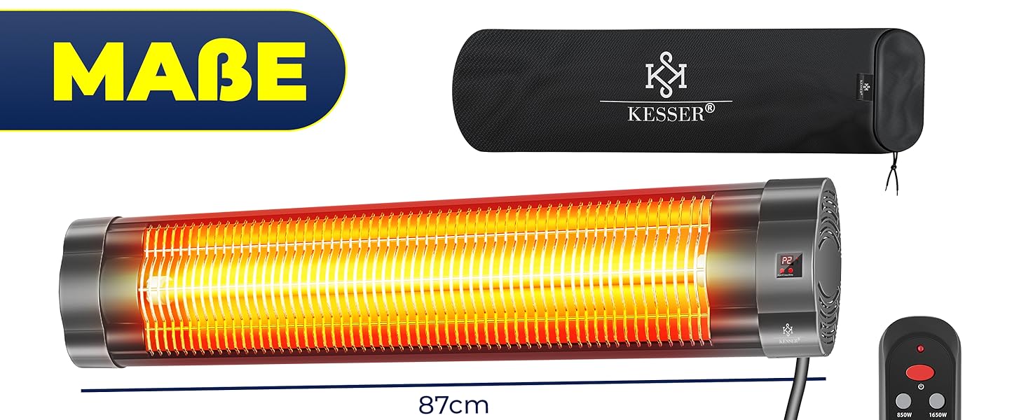 Інфрачервовий обігрівач KESSER® 2500W з пультом керування, 3 режими, миттєвий нагрів, кріплення на стіну, для тераси, кварцовий, з захисним чохлом, таймер, антрацит