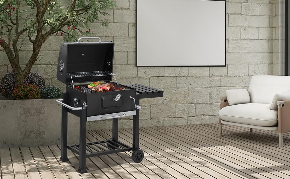 Гриль на вугіллі з кришкою Griller Outdoor, металевий гриль-вагон із колесами та робочою поверхнею, чорний садовий гриль для кемпінгу