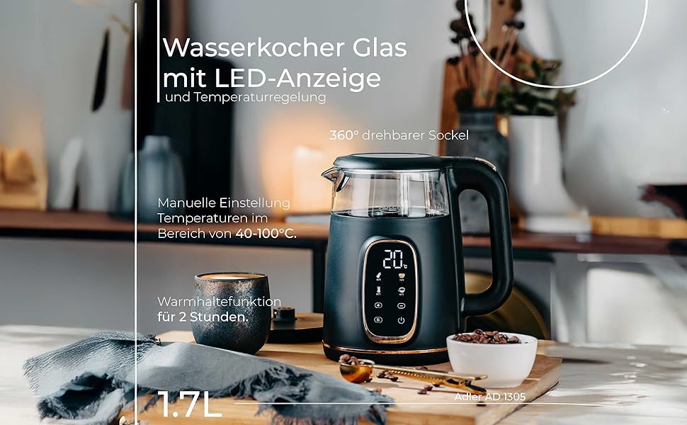 Електричний чайник Adler з регулюванням температури 2200W, 1.7L з LED-дисплеєм та сенсорною панеллю, 5 температурних програм, функція підтримання тепла, фільтр, чорний, золотий