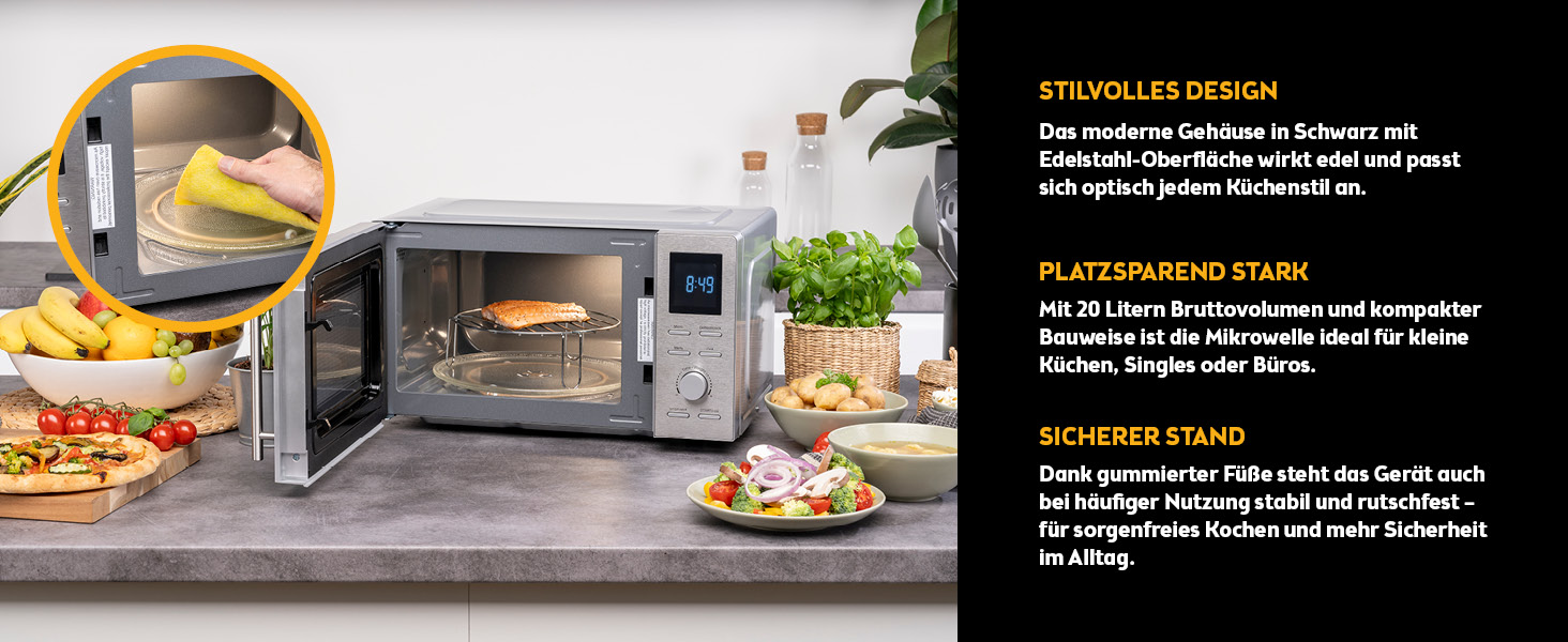 Мікрохвильова піч з грилем TZS First Austria 20L - 2-в-1, 700/800W, 8 програм, LED-дисплей, нержавіюча сталь, дитячий замок