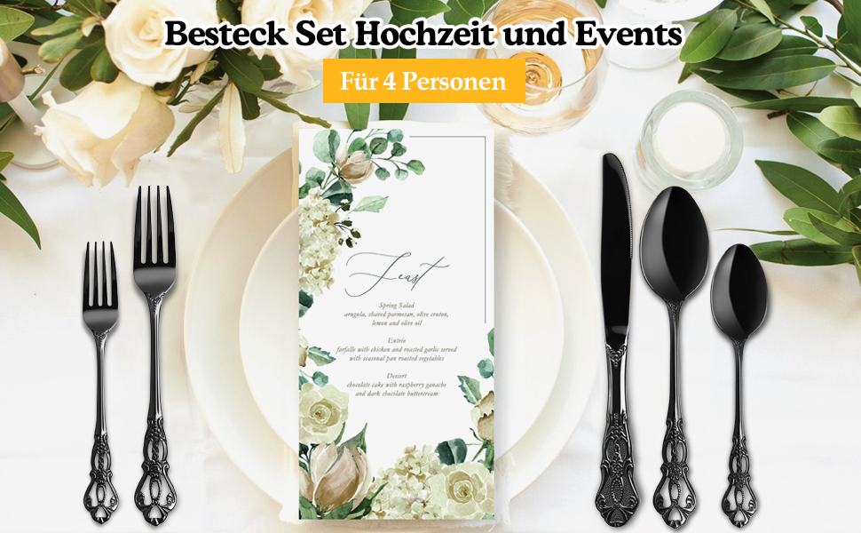 Набір столових приборів 20 предметів, чорний, нержавіюча сталь, Vintage Palast - для 4 осіб, полірований, для посудомийної машини