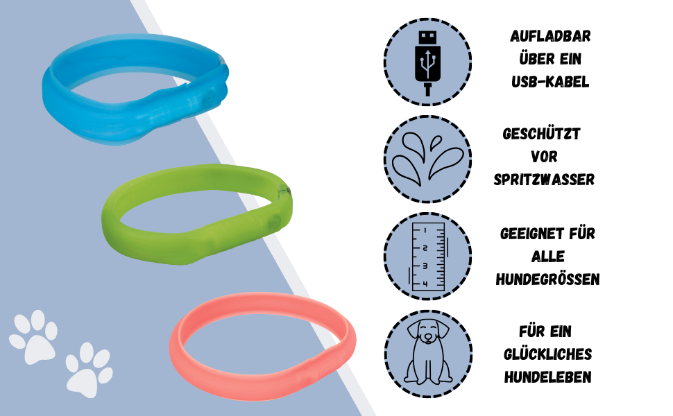 Світловідбиваючий нашийник для собак TRIXIE L-XL блакитний - безпечні прогулянки в темряві, перезаряджається, регулюється