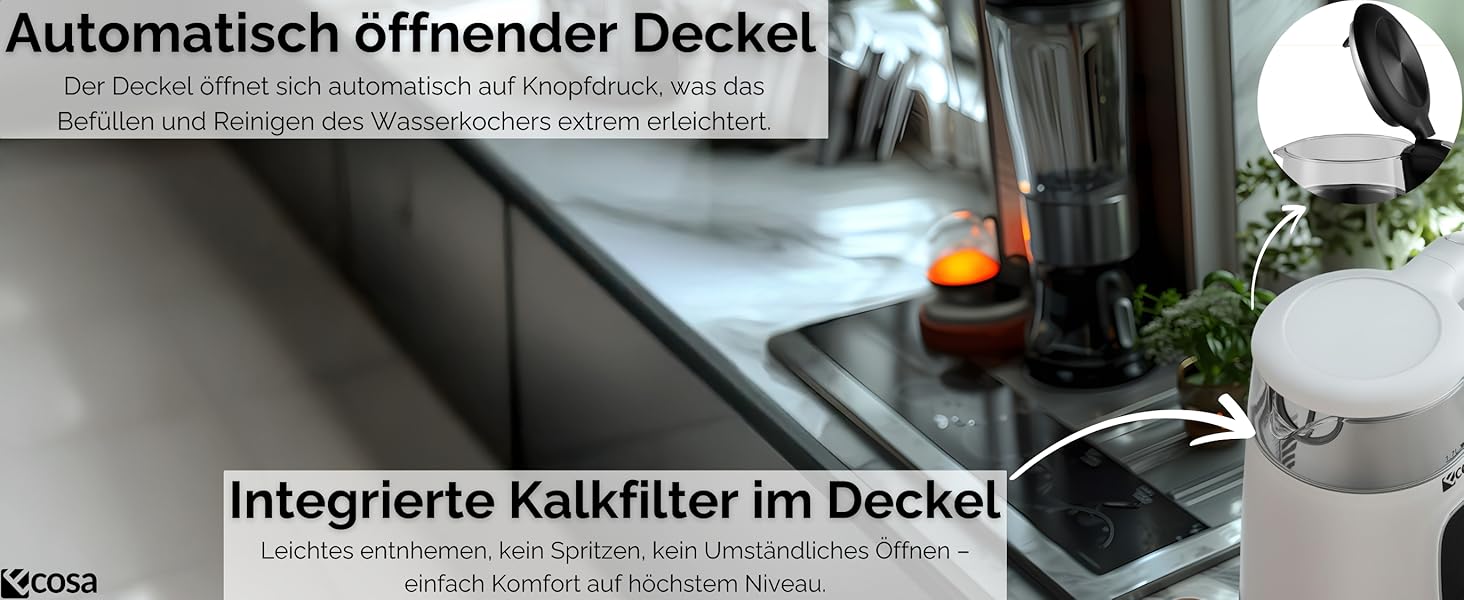 Електричний чайник Ecosa® зі скляною колбою та нержавіючою сталлю, 1.7 л, 2200 Вт, регулювання температури 40-100°C, функція підігріву, LED-підсвічування, без BPA (Woldo White)