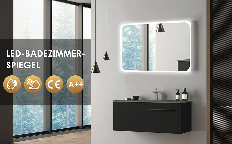 LED дзеркало для ванної кімнати з підсвічуванням 70x50 см, холодне біле світло 6000K, енергозберігаюче, настінне