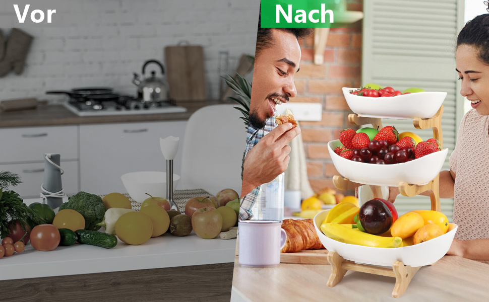 Керамічна етажерка для фруктів Dreamhigh® з 3 ярусами, економна та стійка, сучасна фруктова та овочева миска з бамбуковою підставкою