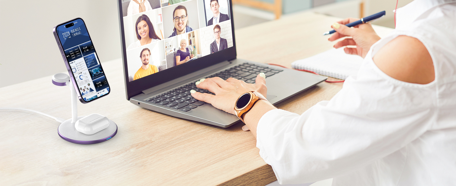 3-в-1 Бездротова Зарядка для Багатьох Пристроїв: iPhone, iWatch, AirPods (15W, MagSafe, Lila)