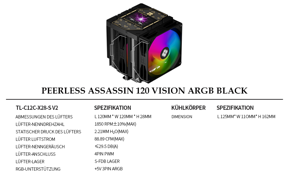 Кулер для процесора Thermalright Peerless Assassin 120 VISION MAX ARGB Black, 2 вентилятори TL-K12 PWM, 5