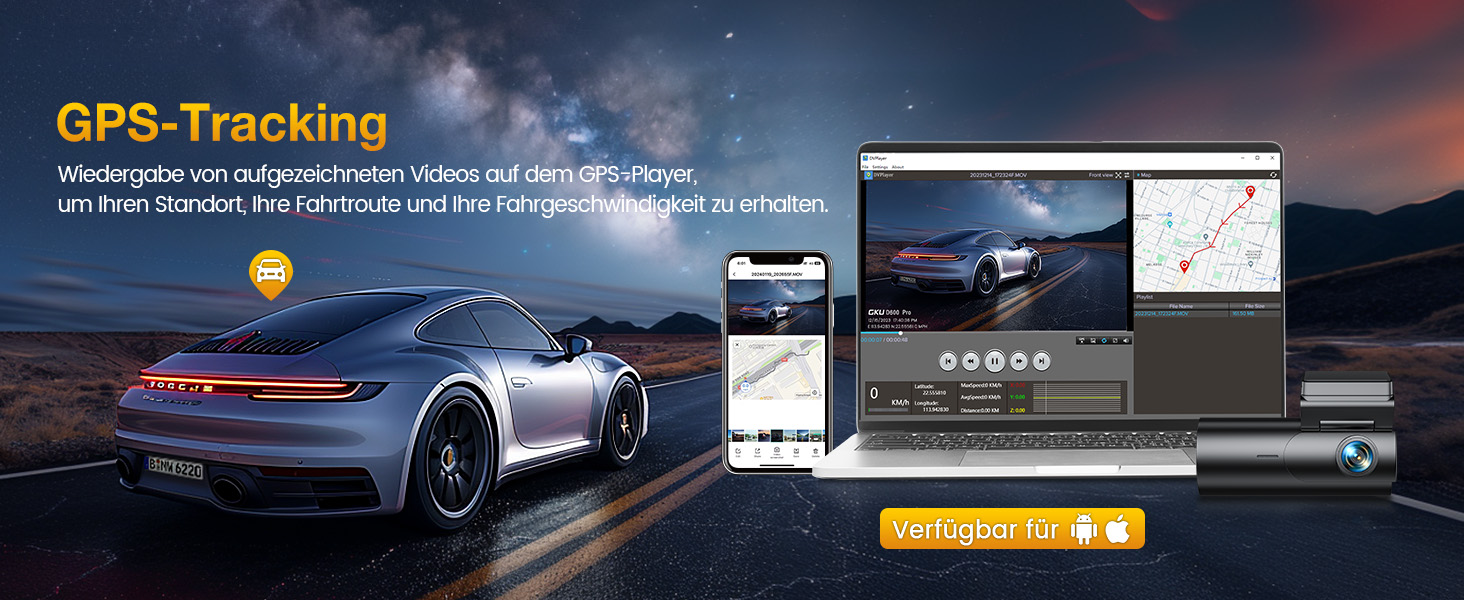 Відеореєстратор GKU 4K Dual з GPS, WiFi, ParkSurv, Нічне Бачення, WDR, 170° та G-Sensor. В комплекті SD-карта 64GB. Чорний